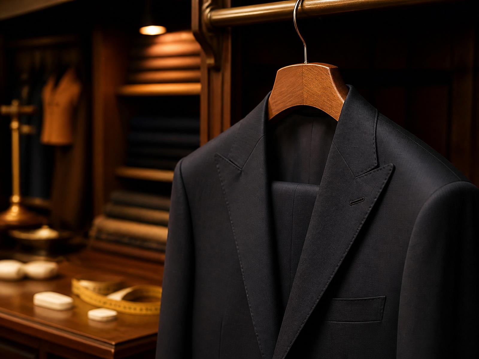 Garnitur bespoke Warszawa - marynarka na wieszaku w atelier krawieckim